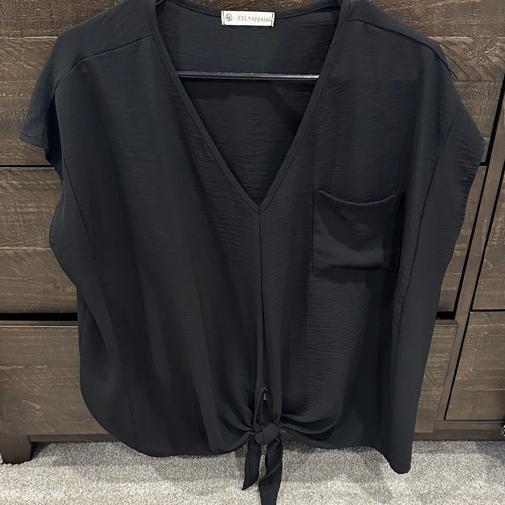 Elegant Black V-Neck Tie-Front Blouse